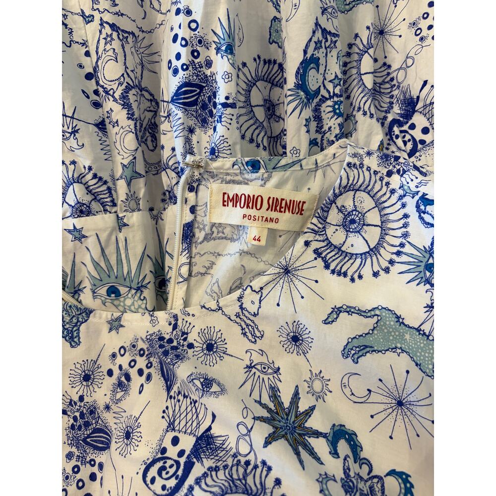 Emporio Sirenuse Positano Blue White Celestial Print Tiered Cotton Dress IT 44 - Picture 4 of 4